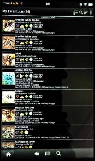 The main page displays all of your tarantulas (names are customizable)